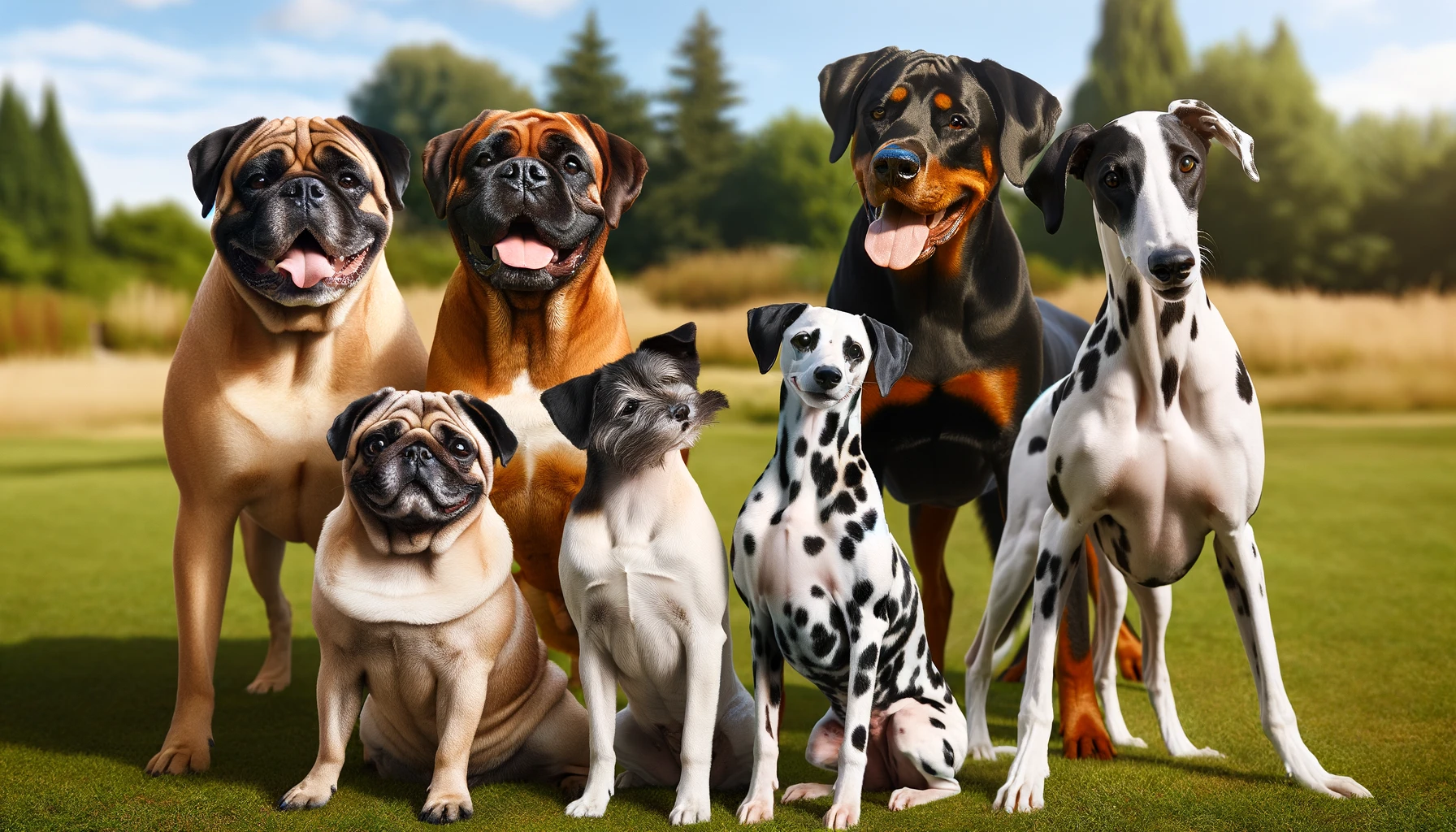 DALL·E 2024-05-15 16.45.25 - A variety of short-haired dog breeds together in a playful outdoor setting. Include a Pug with its wrinkled face, a muscular Boxer, a large and powerf